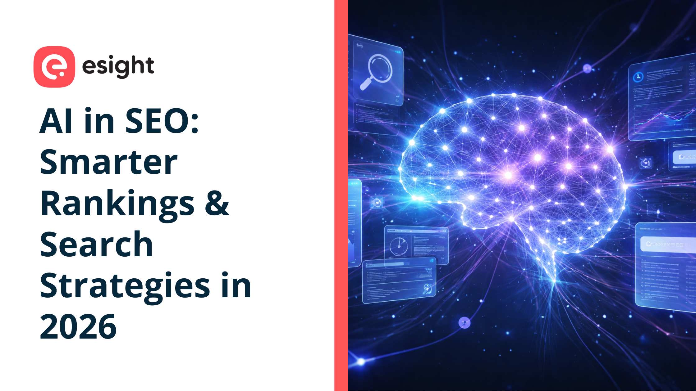 Wide futuristic banner illustrating artificial intelligence in SEO with neural networks, search symbols, and data visualization overlays.
