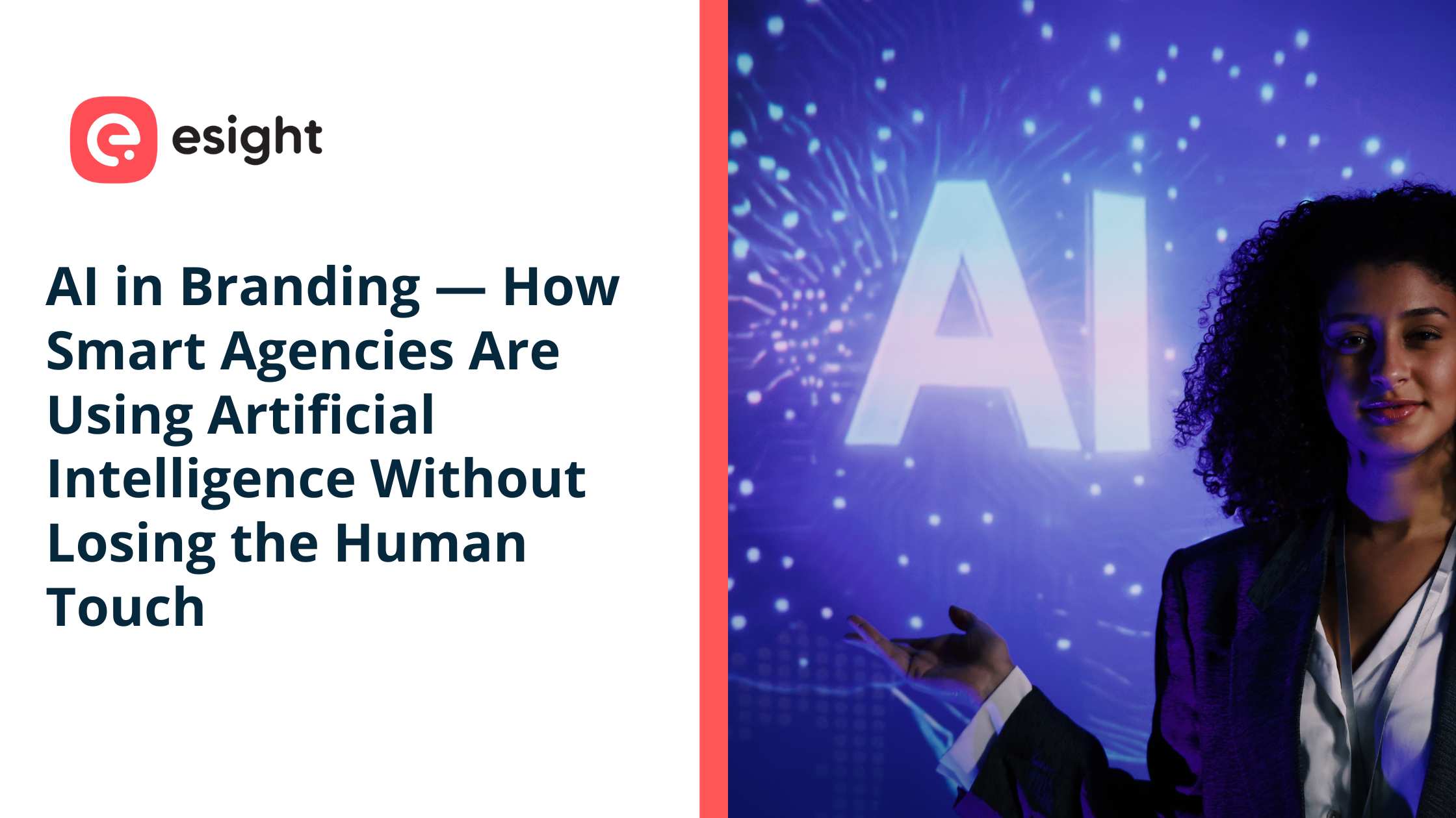 AI in branding concept showing a professional presenting artificial intelligence technology with digital interface and glowing AI text, representing smart agency solutions.