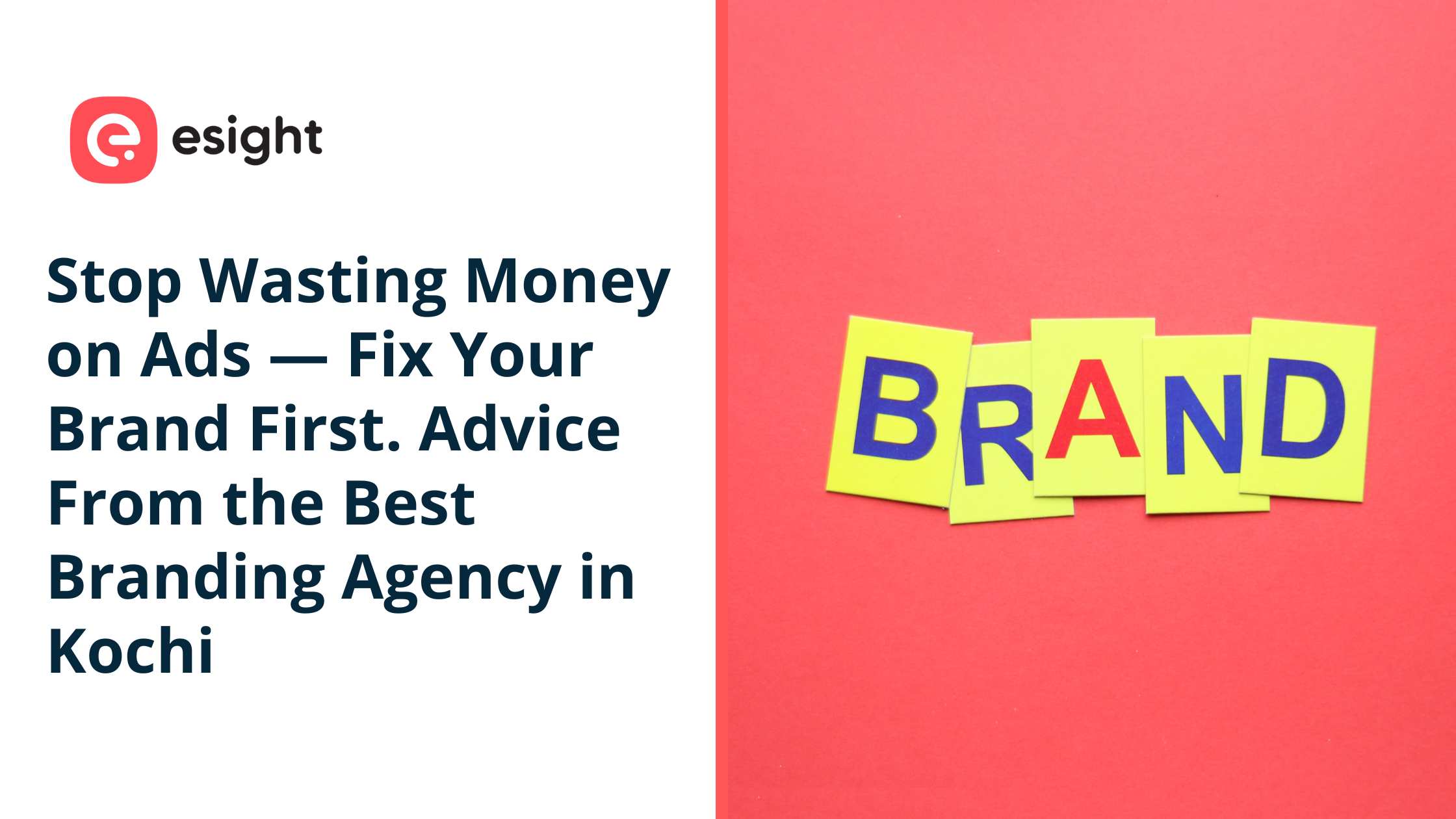 Colorful BRAND letter tiles on red background with Esight logo – best branding agency in Kochi blog