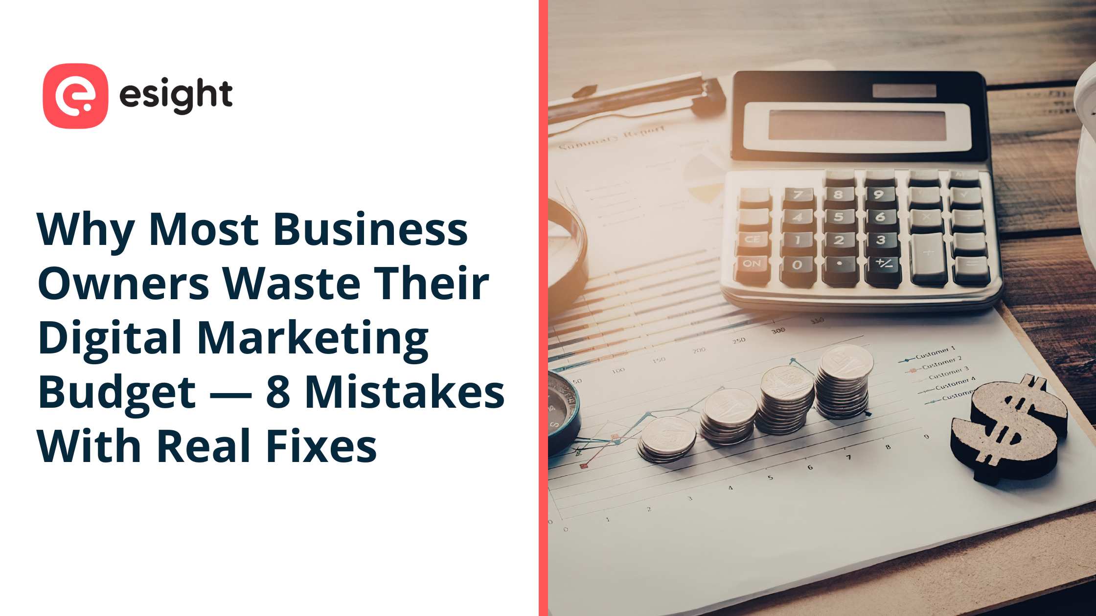 Business financial planning concept with calculator, coins, and charts illustrating digital marketing budget mistakes
