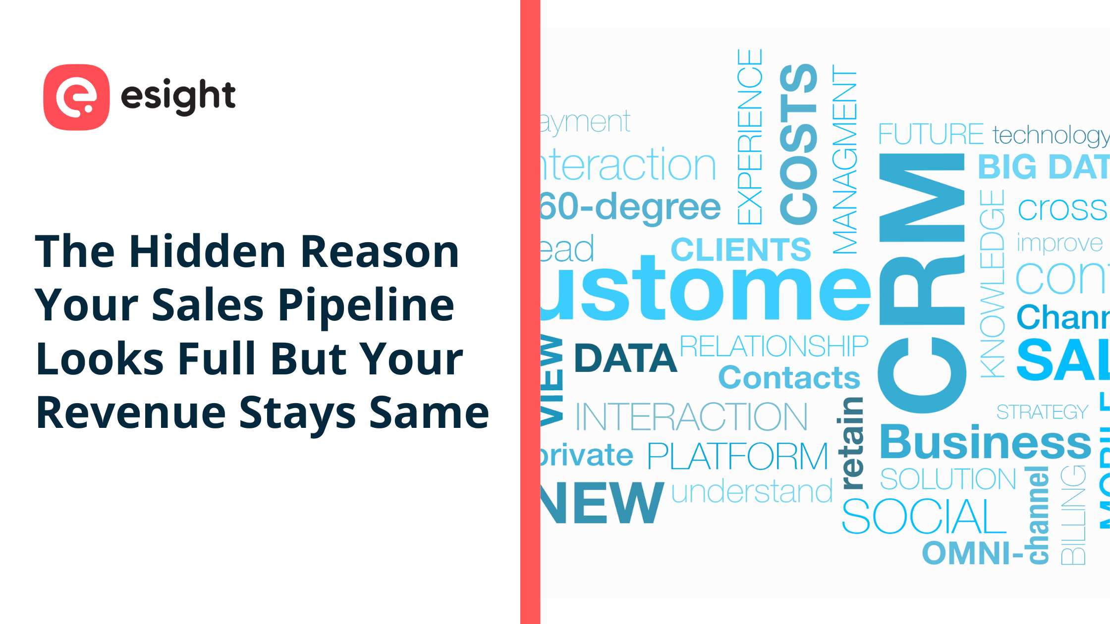 Illustration by Esight highlighting CRM and sales pipeline challenges with the headline “The Hidden Reason Your Sales Pipeline Looks Full But Your Revenue Stays Same” alongside CRM-related keywords and business terms.