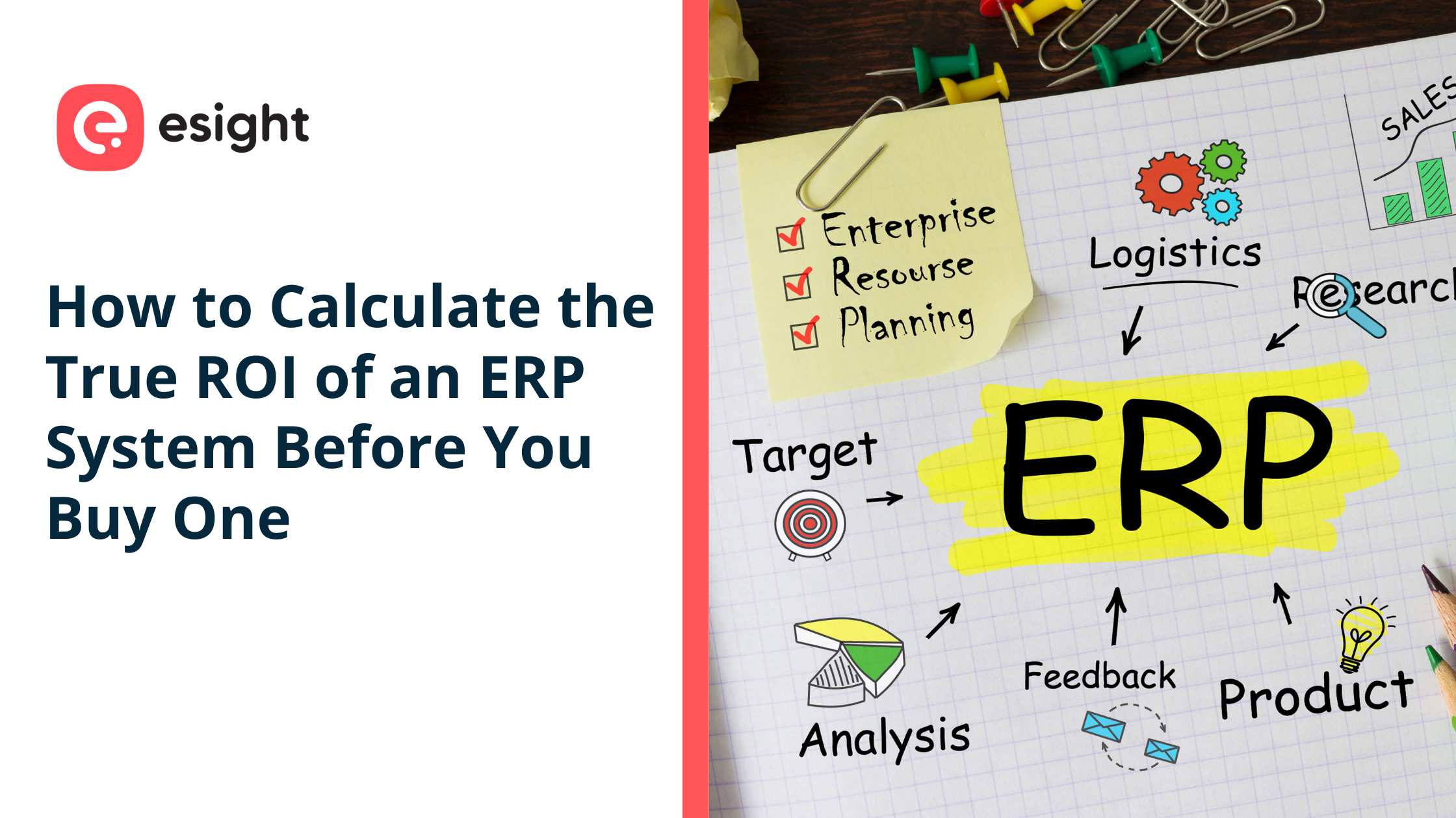 Business infographic explaining how to calculate the true ROI of an ERP system before purchase, featuring enterprise resource planning, logistics, sales, analytics, and productivity concepts.
