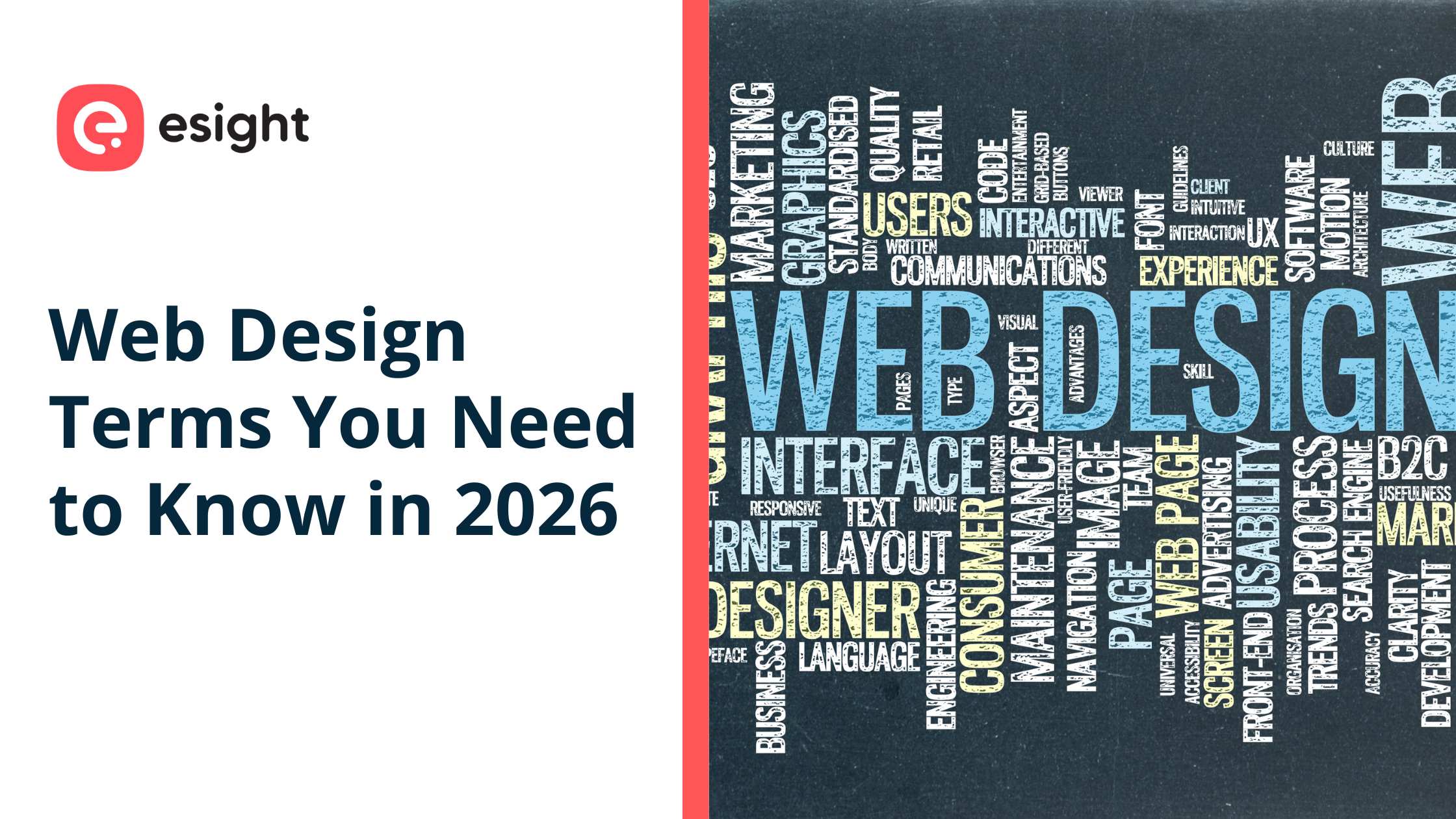 Web Design Terms You Need to Know in 2026 graphic by Esight featuring modern web design and UX-related keywords.