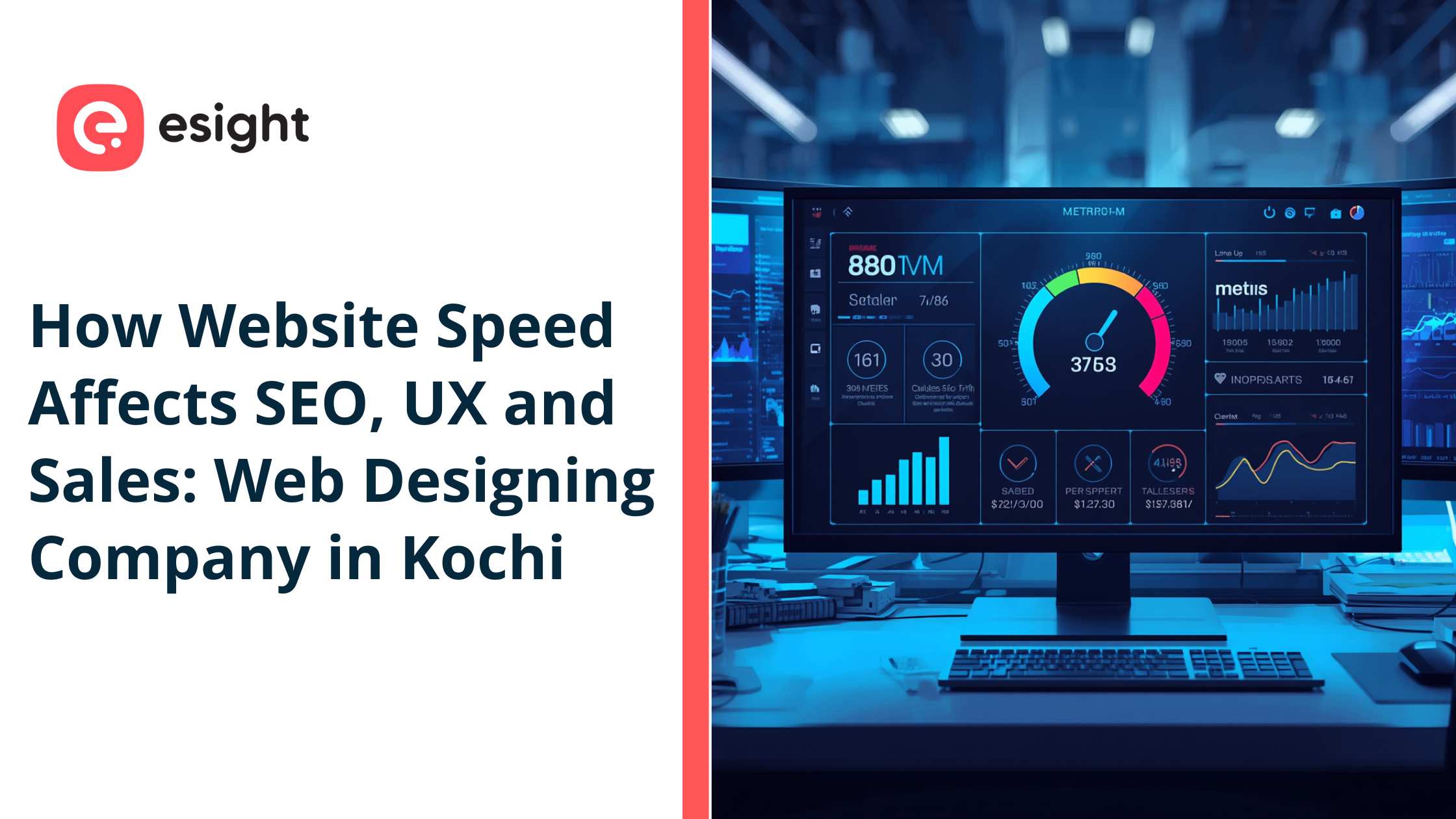 Website speed optimization dashboard illustrating how page load performance impacts SEO rankings, user experience, and online sales for businesses in Kochi.
